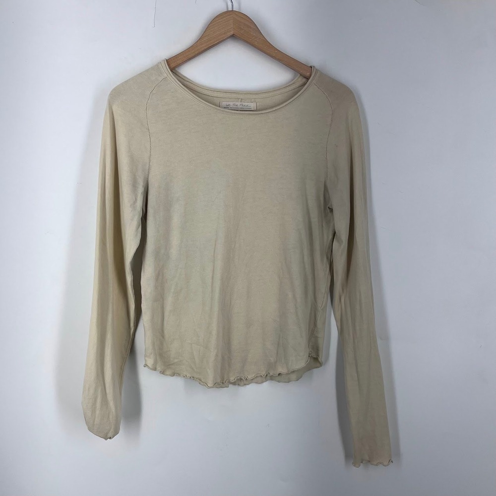 We The Free Free People Beige Long Sleeve Lettuce Edge Top Medium Crew Neck